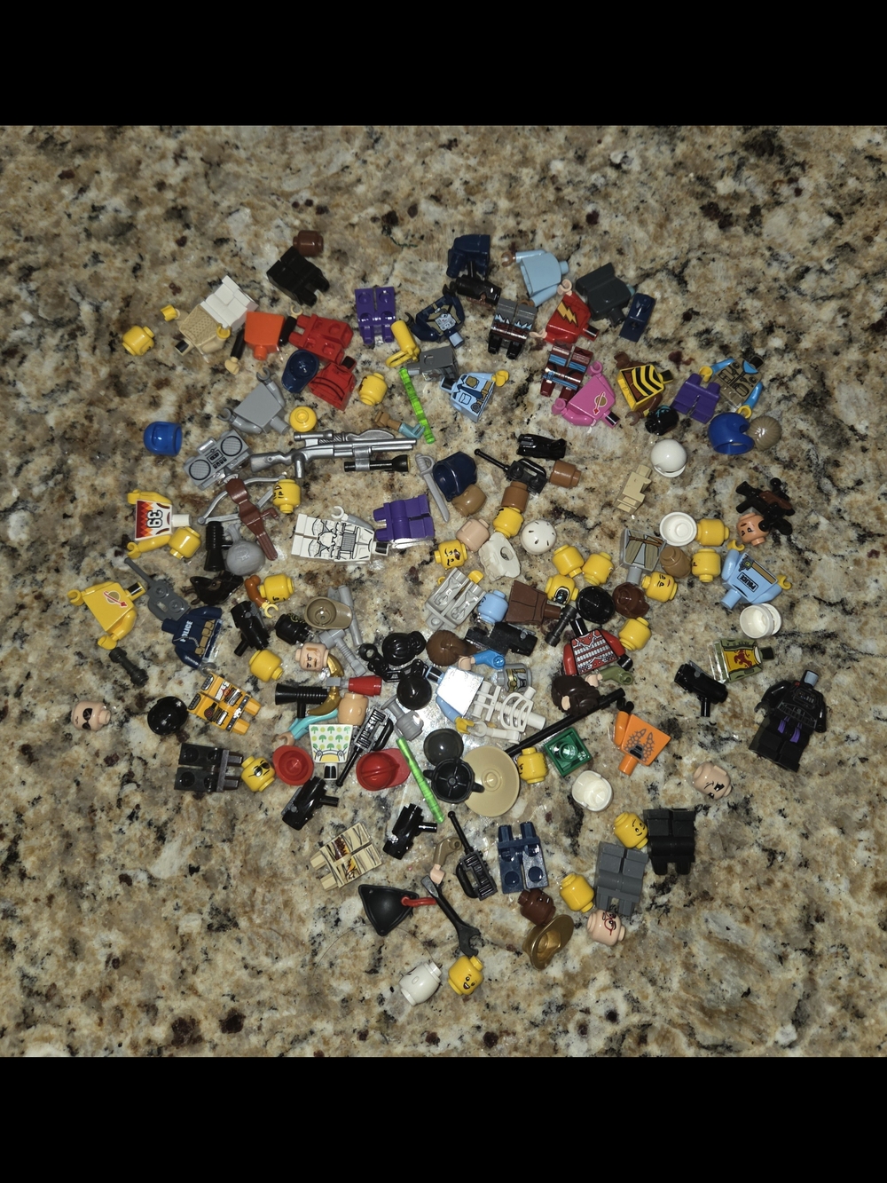 Random Assortment Of LEGO Mini Figs Heads, Bodies, Legs, Hats, Helmets, Weapons